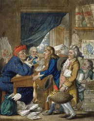 Um advogado do país e seus clientes, pub. por Bowles und Carver, 1800 (gravura em mezzotint)